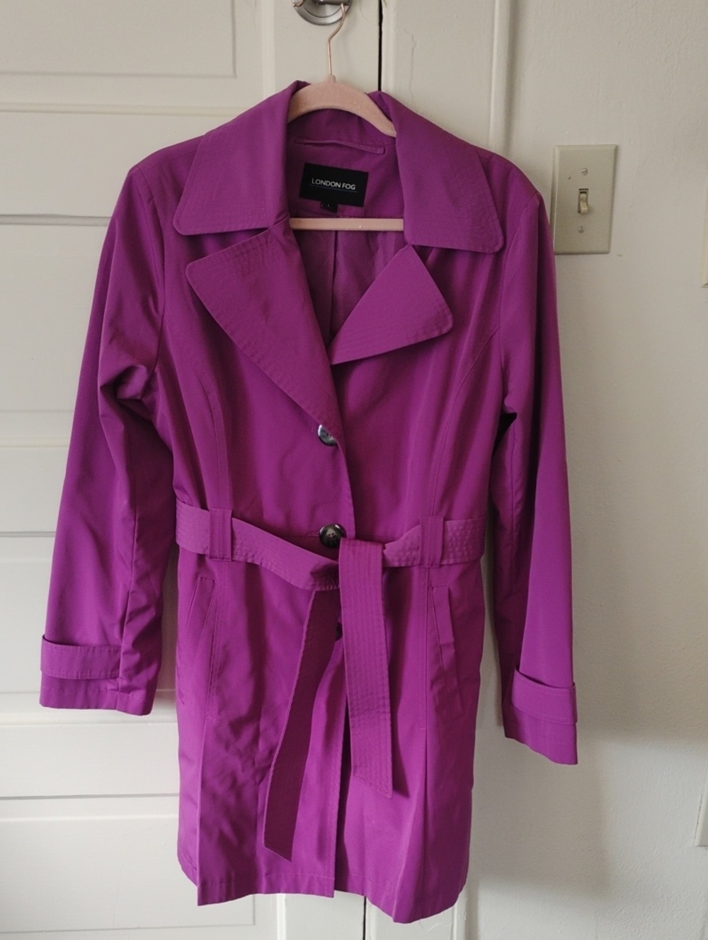 London Fog Bold Magenta Trench Coat Belted Sz Large